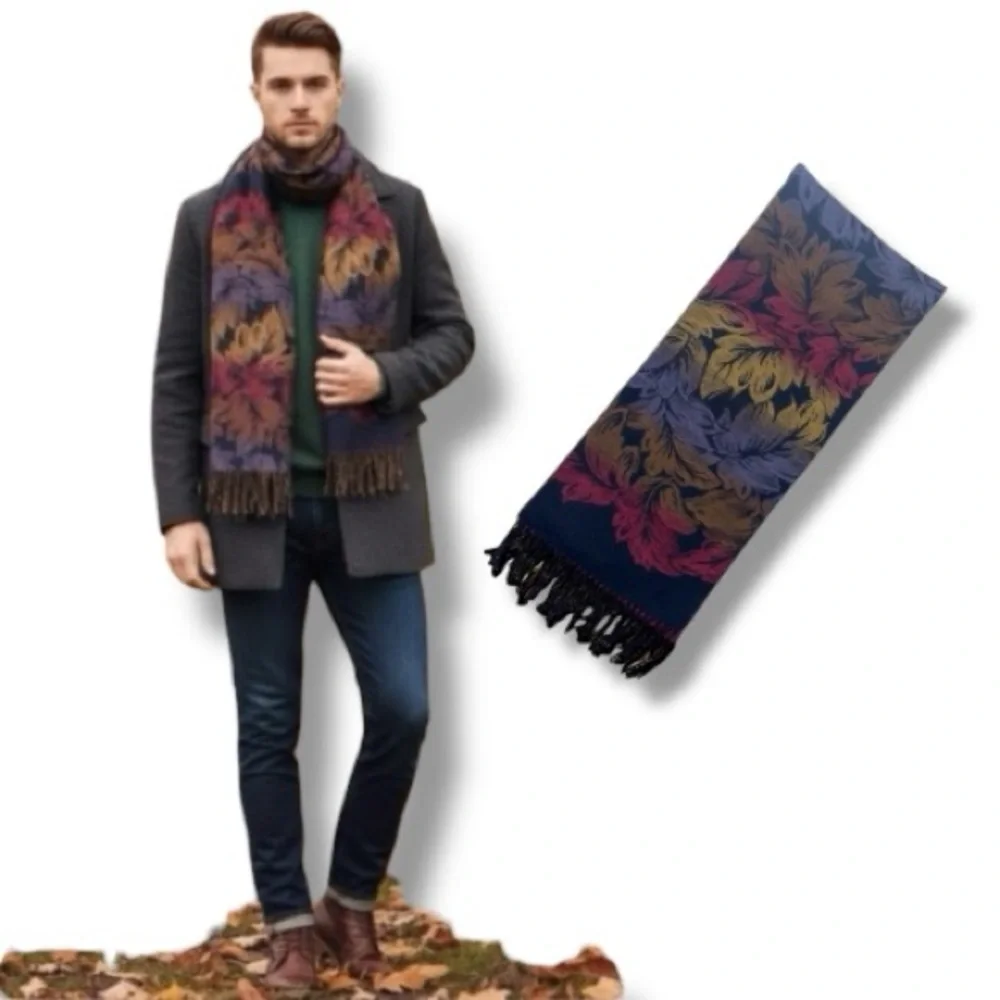 Scarf Boho Nice and Soft Leaf Print with Fringe in Beautiful Fall Colors OS
